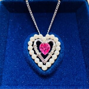 NIB 70s Avon "Dear Heart" Slider Necklace Vintage Faux Pearl & Rhinestone